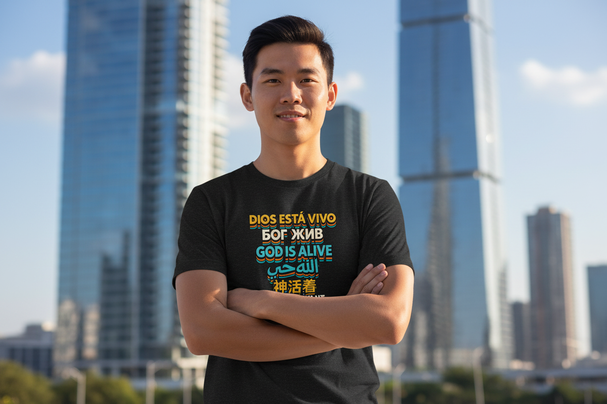 East Asian man wearing black God is Alive 6 languages multilingual Christian faith t-shirt, city lifestyle shot