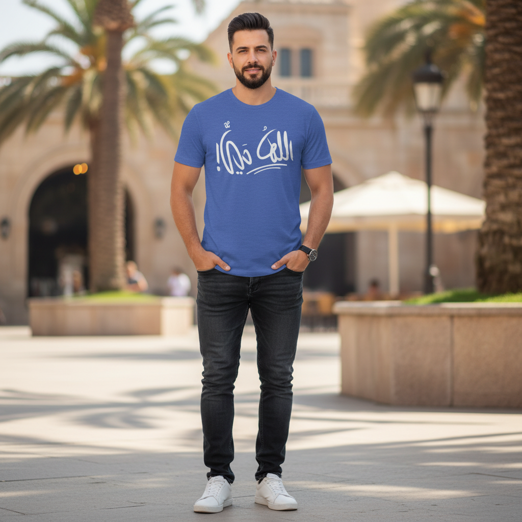 Model wearing royal blue Arabic God is Alive faith t-shirt — IamtheGodshop