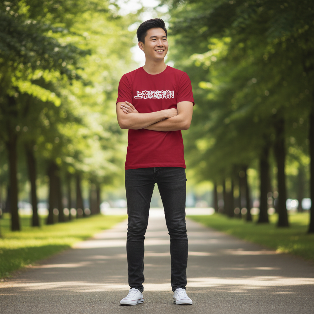 Model wearing cardinal red Chinese God is Alive faith t-shirt — IamtheGodshop