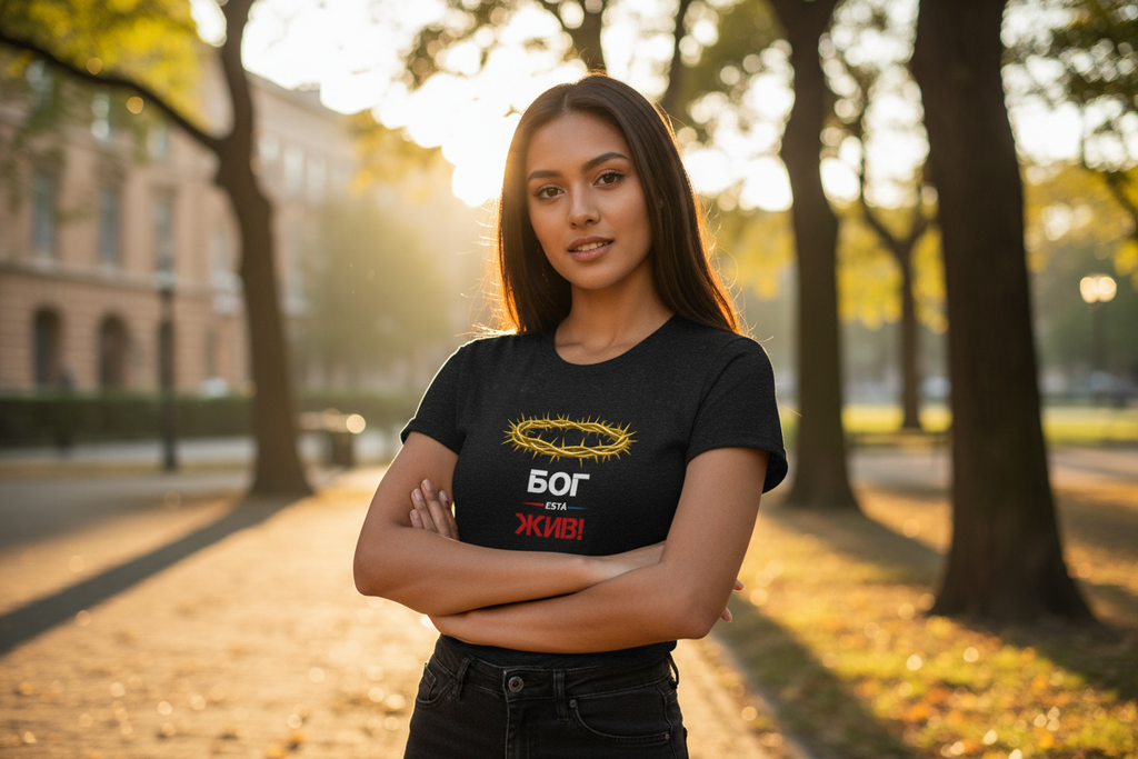 South Asian woman wearing black Crown of Thorns Christian faith graphic t-shirt, golden hour lifestyle shot