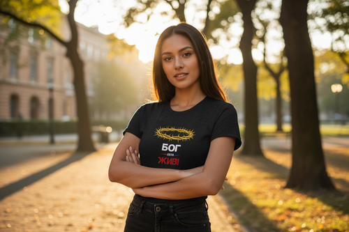 South Asian woman wearing black Crown of Thorns Christian faith graphic t-shirt, golden hour lifestyle shot