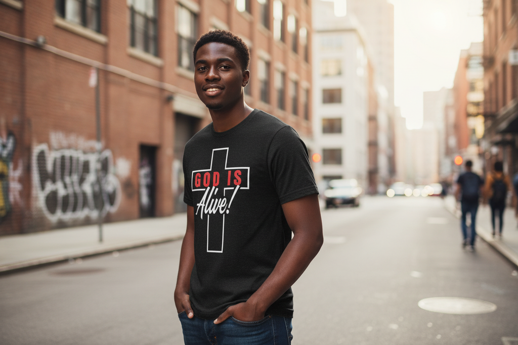 Black American model wearing God is Alive English Christian faith t-shirt, urban lifestyle shot