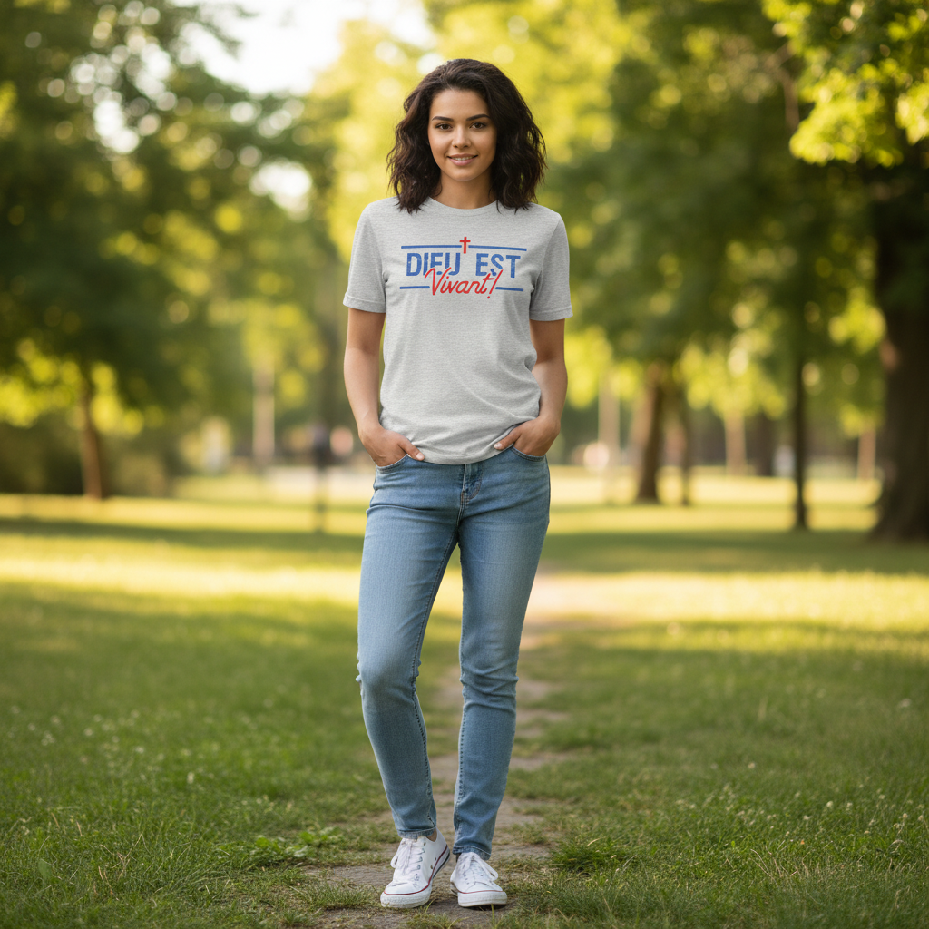 Model wearing heather French God is Alive faith t-shirt — IamtheGodshop