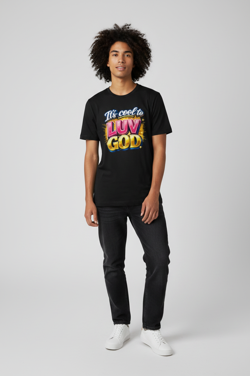 Model wearing It's Cool to Luv God black Christian faith graphic t-shirt — IamtheGodshop