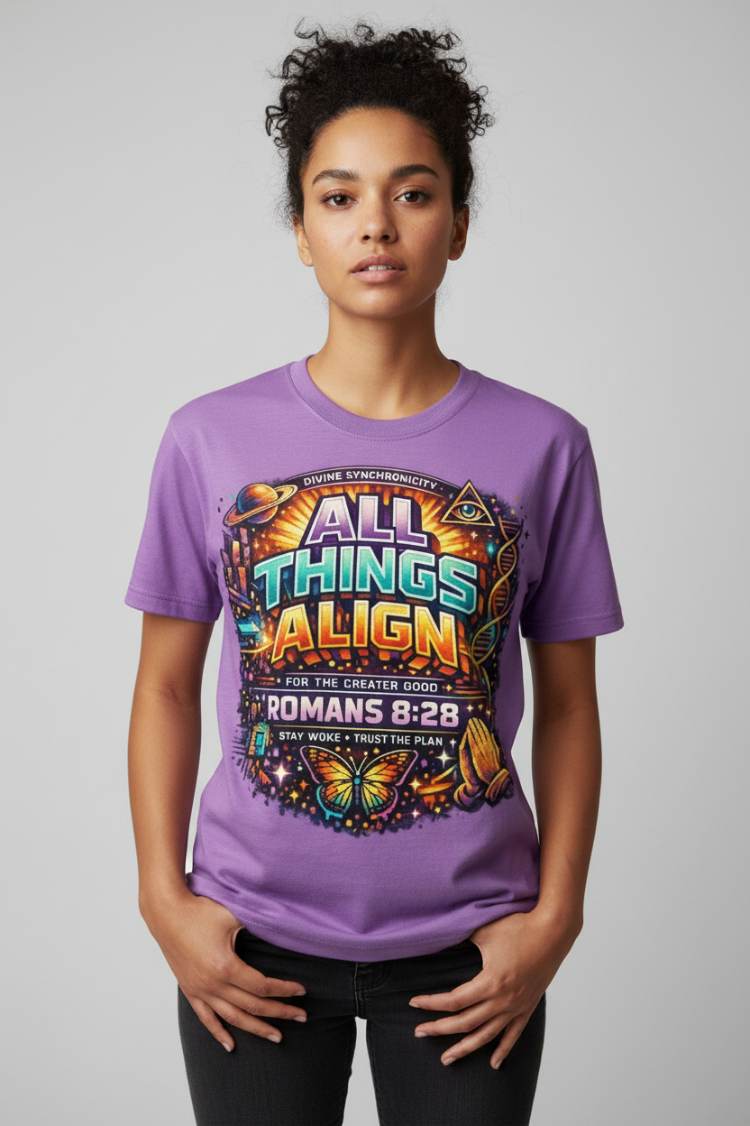 Model wearing Romans 8:28 All Things Align purple Christian faith graphic t-shirt — IamtheGodshop