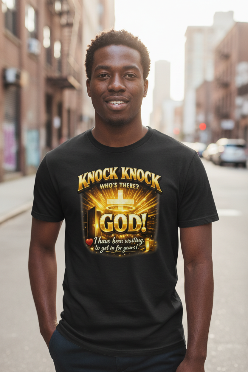 Model wearing Knock Knock God faith t-shirt