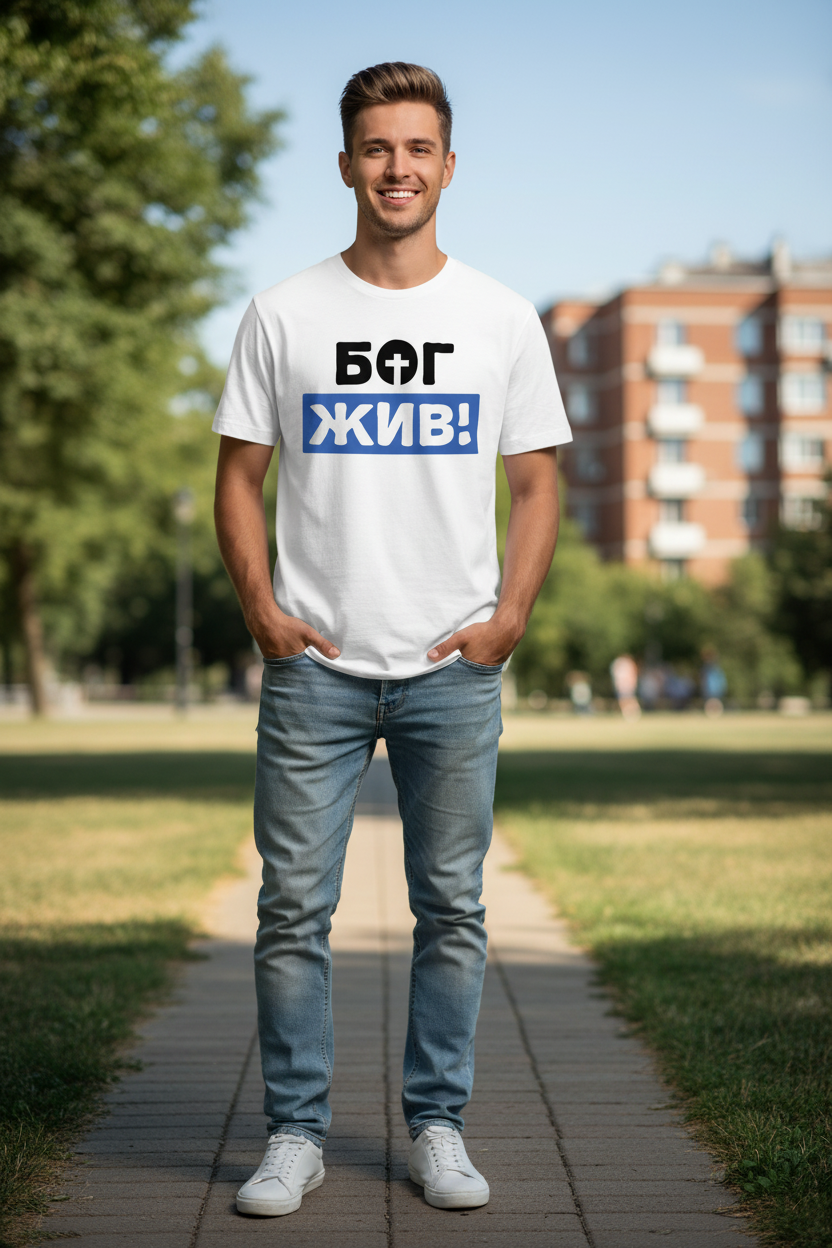 Eastern European man wearing white Russian God is Alive Christian faith t-shirt, lifestyle shot