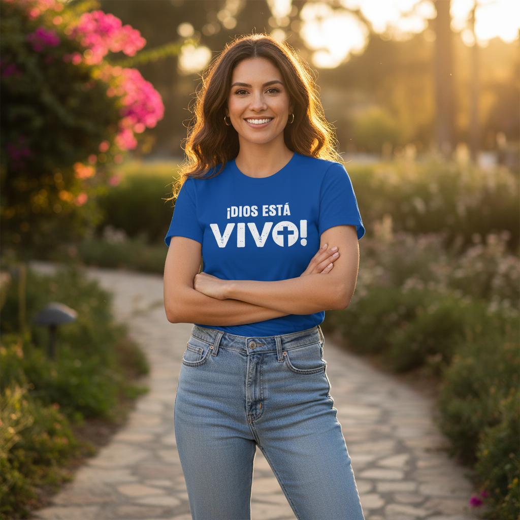 Model wearing royal blue Spanish God is Alive faith t-shirt — IamtheGodshop