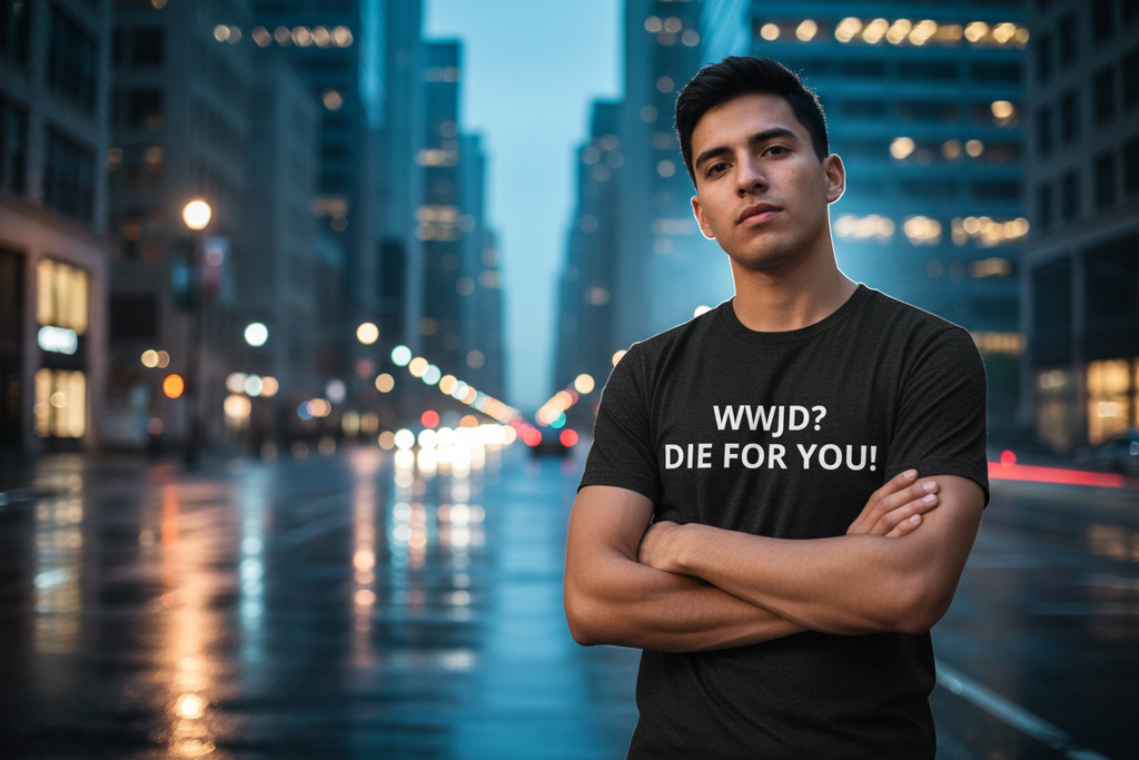 Latino model wearing black WWJD Die For You! Christian faith t-shirt, cinematic urban lifestyle shot